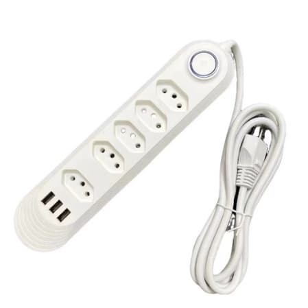 Extensão Elétrica 2m Com 5 Tomadas e 3 Entradas USB com Botão Power Socket