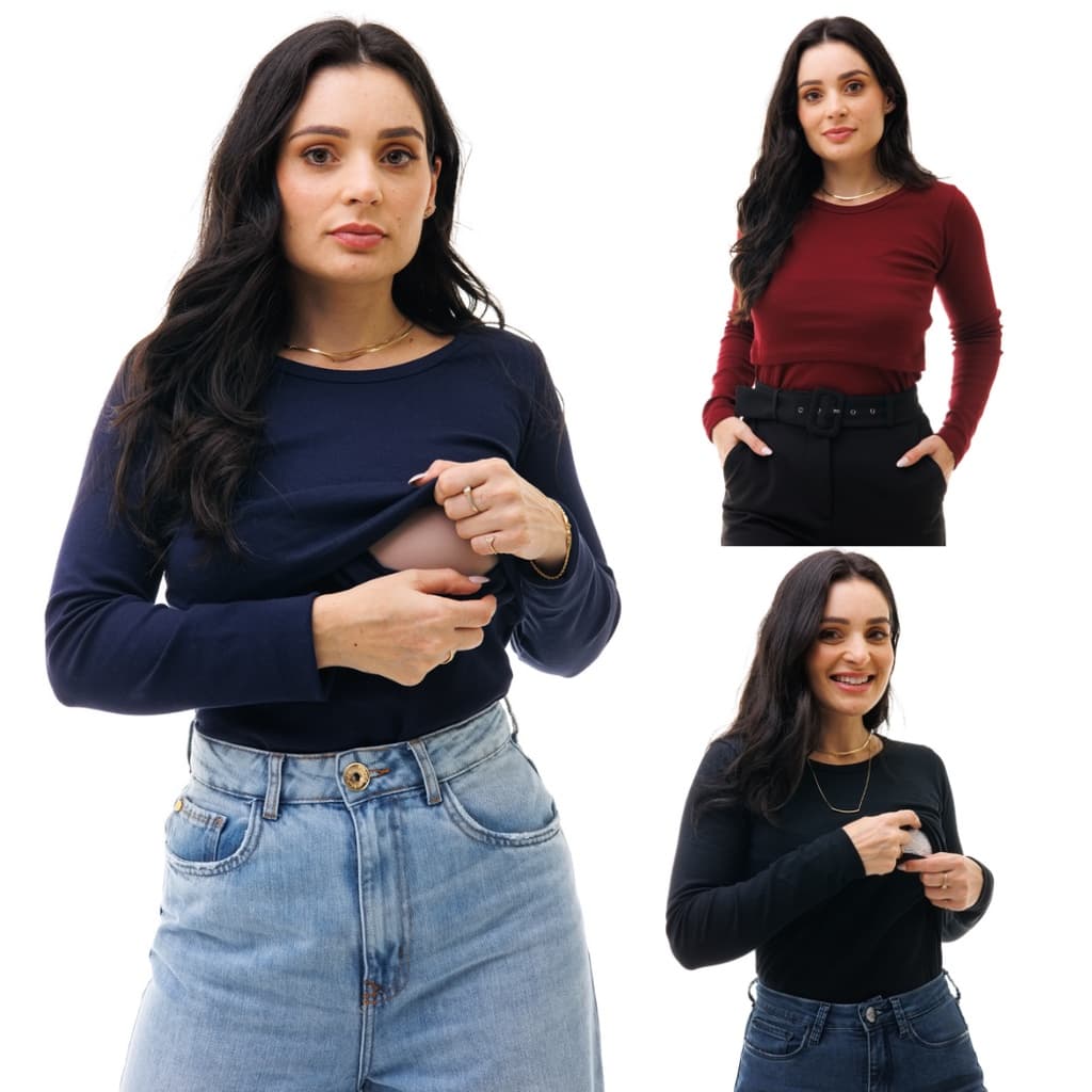 Kit com 3 Blusas manga Longa Amamentação ItsBella
