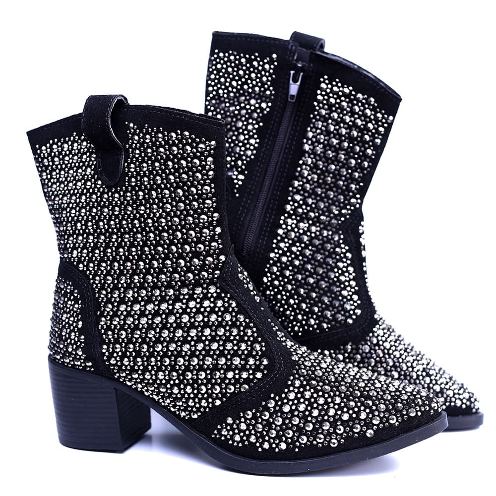 Bota Feminina Western Preta Strass Cano Médio Dhaffy