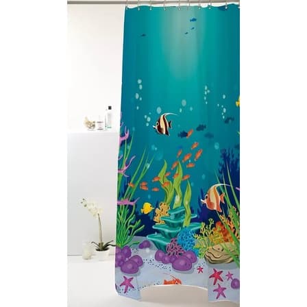 Cortina Box Banheiro Antimofo Peva 180x160cm C/ Ganchos Fundo do Mar