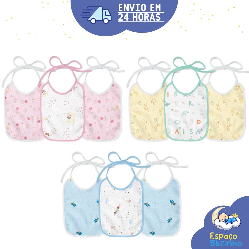 Kit Babador Flanelado e Plastificado karinho Estampado 21 cm X 19 cm com 3 unidades - Papi