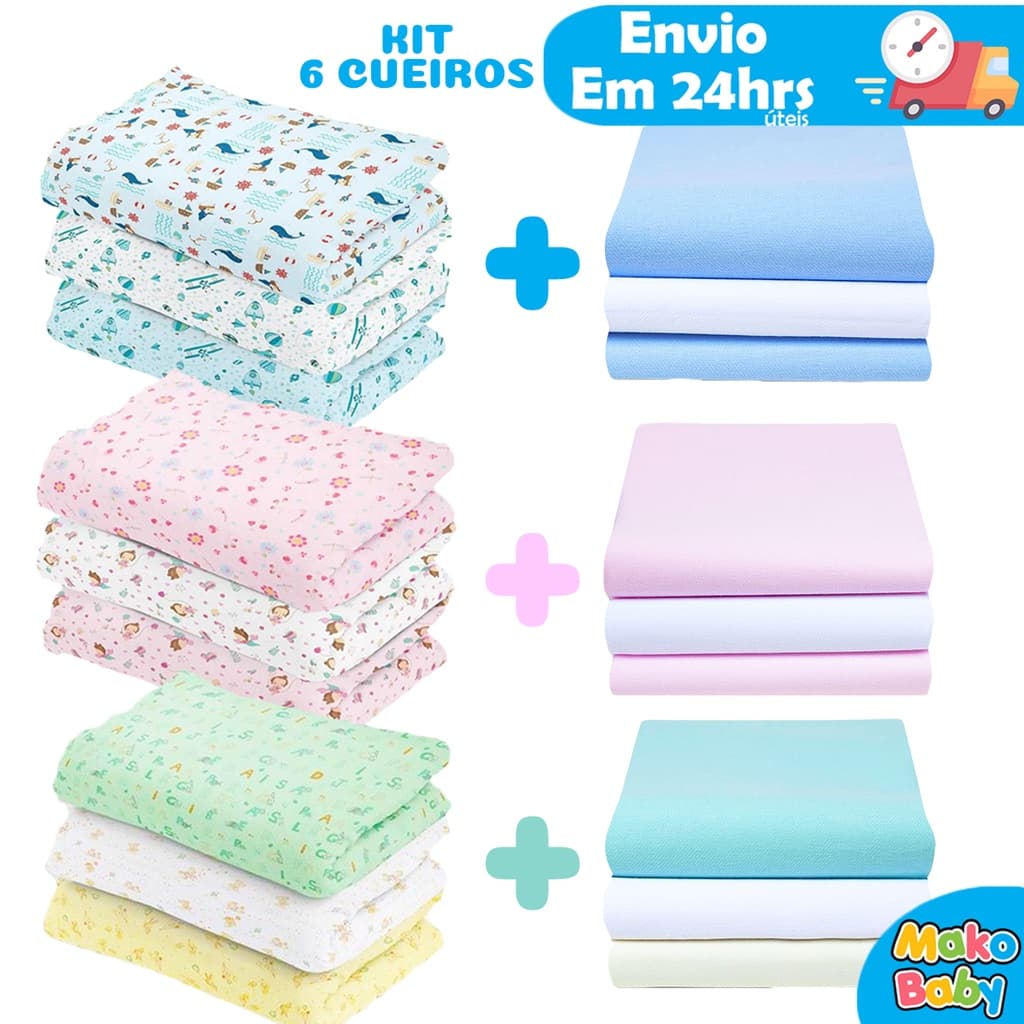 Kit 6 Cueiro Bebê Flanelado Estampado e Liso 80cm x 50cm 100% algodão