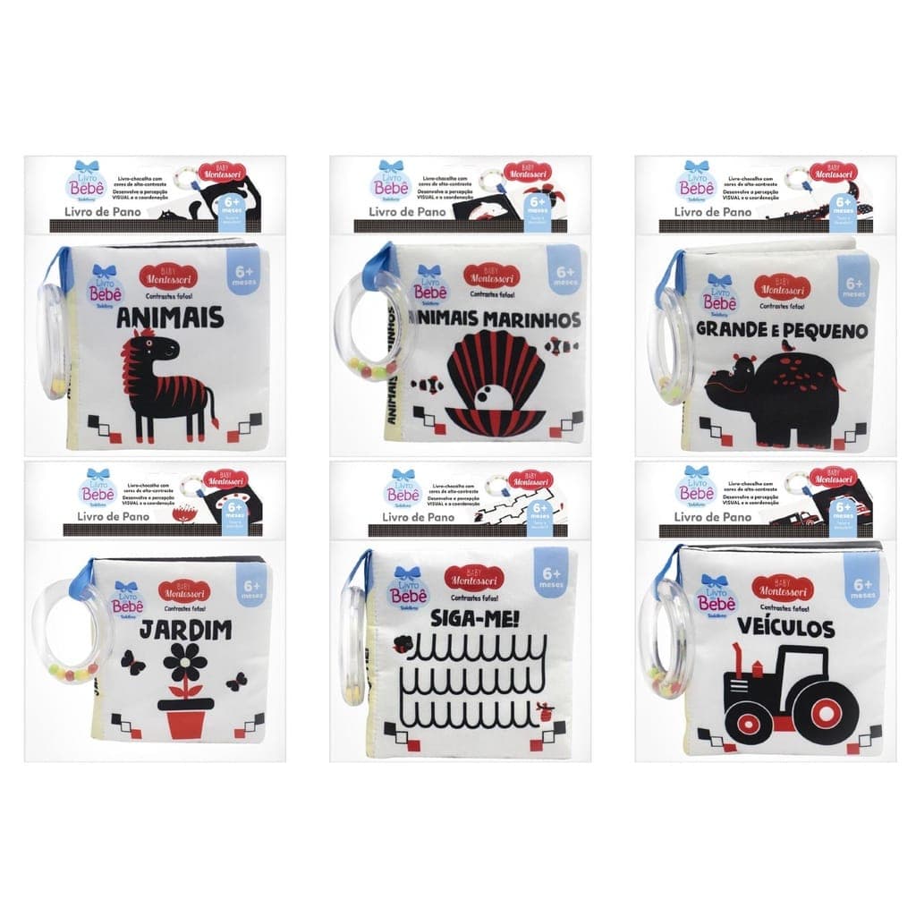 Livro de pano Baby Montessori Contrastes Fofos com chocalho Todolivro