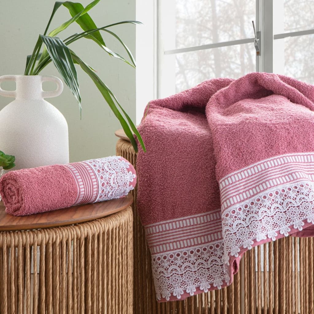 Jogo 2 Peças Toalha Banho e Rosto 500 gr Ouro Gigante Com Renda Guipir.