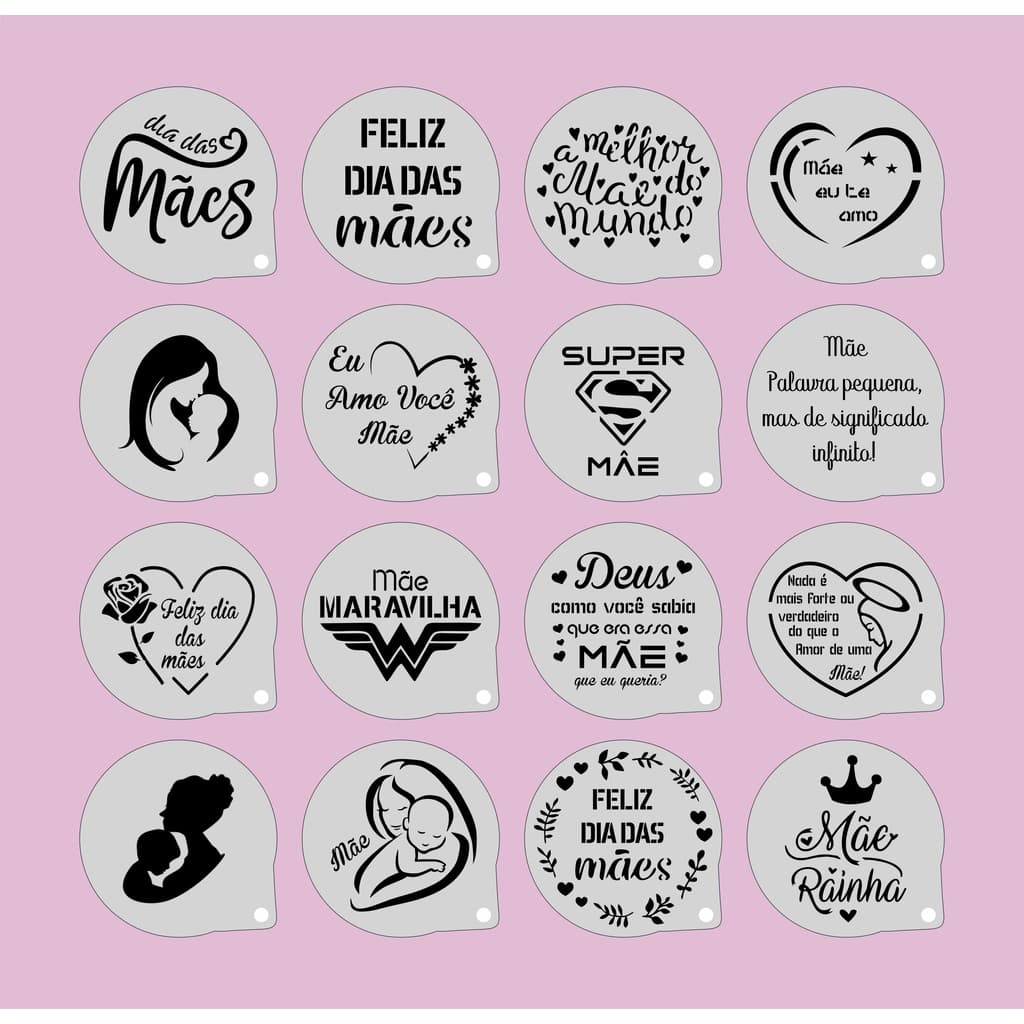 kit Stencil dia das Mães 16 Moldes 7x7cm ,