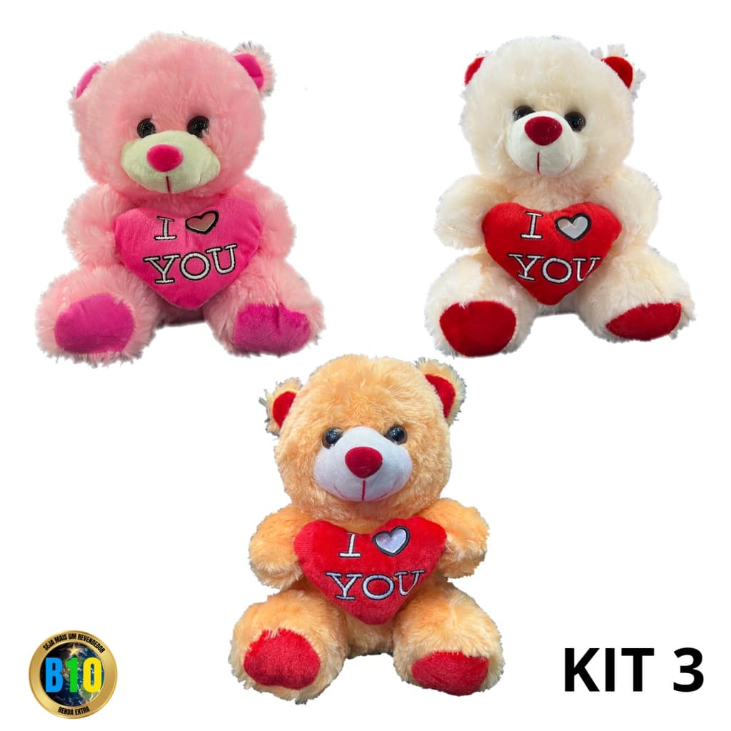 Kit c/ 3 Ursinhos 21cm – Pelúcia Macia com Coração p/ Cestas e Presentes
