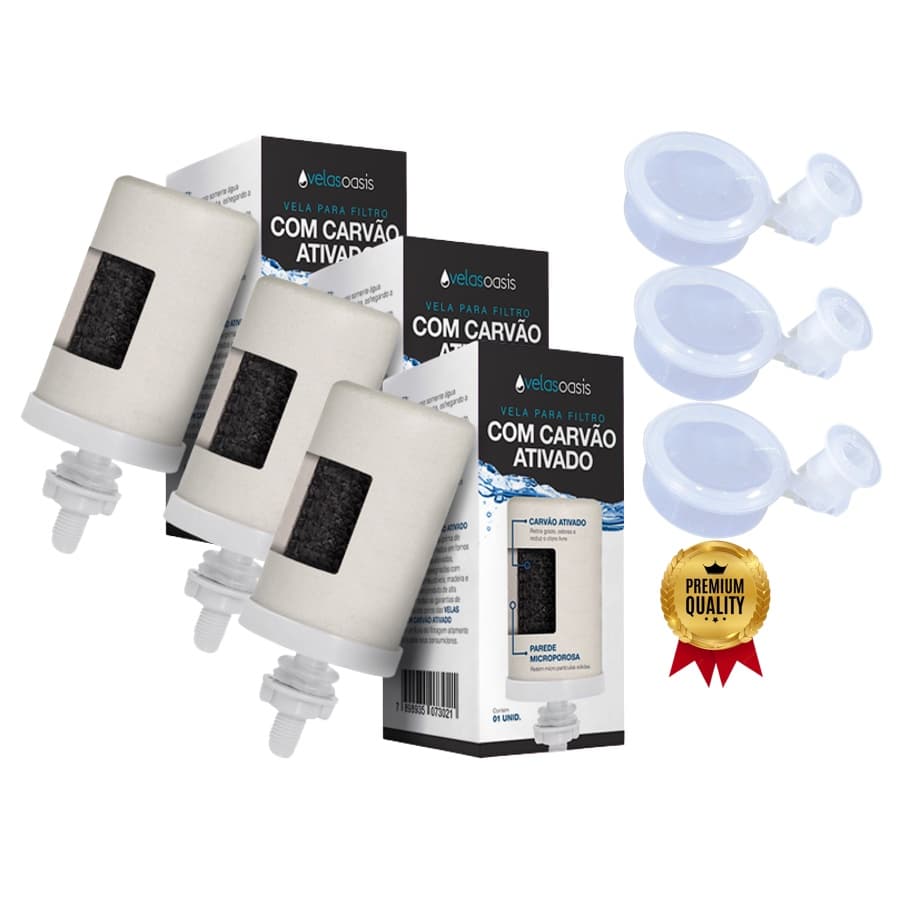 Kit 3 Velas Oasis Carvão Ativado Para Filtro Barro + 3 Boias Dosadoras