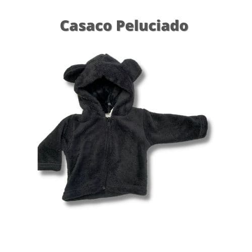 Casaco Fleece Preto com capuz e ziper. Casaco infantil peluciado. Tamanhos P até o 6.