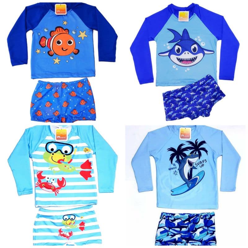 Conjunto Bebe menino proteção UV 50+ camiseta e sunga de 3 meses a 24 meses Tubarão Praia Piscina Natação