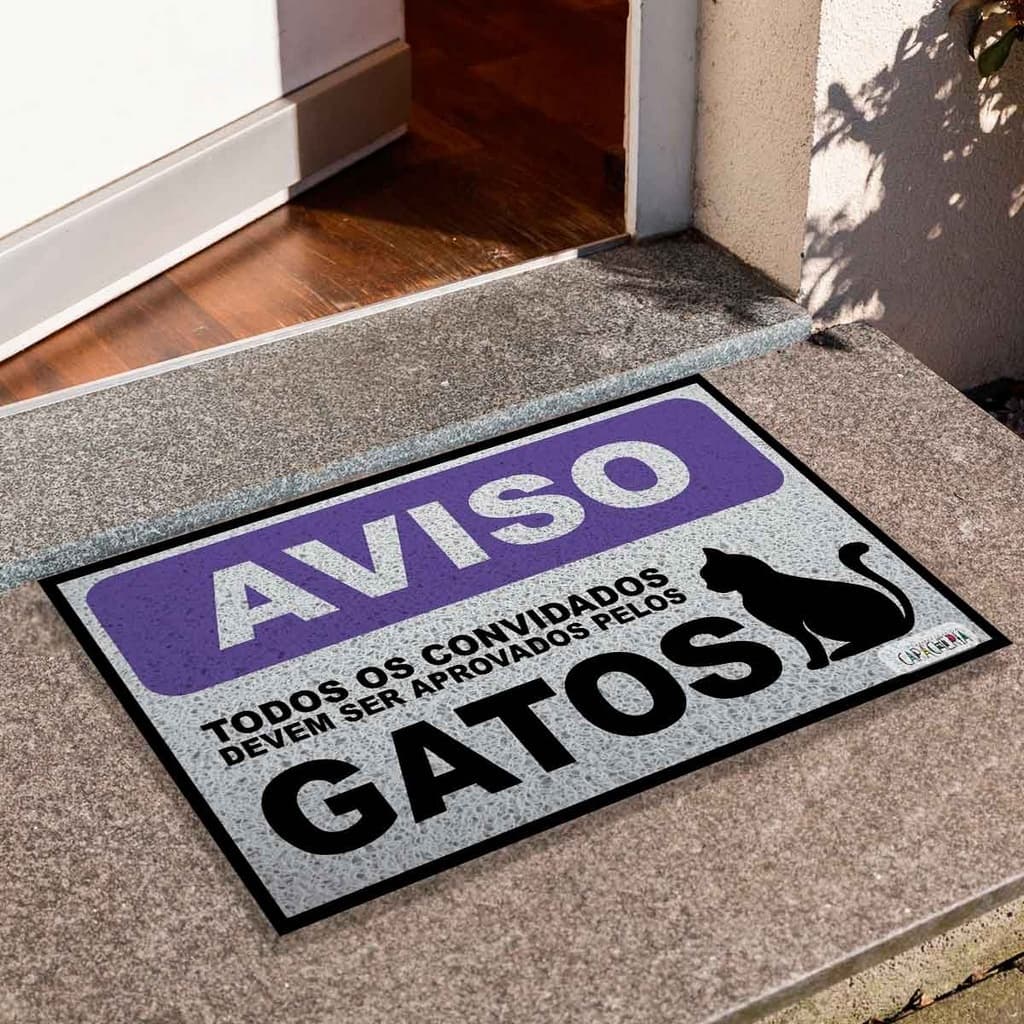 Tapete de Porta Divertido Capacho Pet Aviso Aprovado Pelos Gatos 60x40