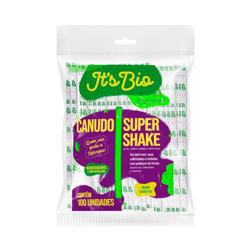 Canudo Bio Super Shake Cristal 10mm c/100Un. Sache Papel, Descartável, Sustentável, Atacado