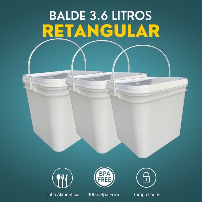 Balde Retangular para por comida Tampa Lacre 3L - 3 Pçs