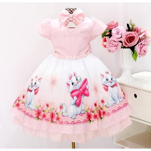 Vestido Gata Gatinha Marie Festa Infantil Tiara E Faixa