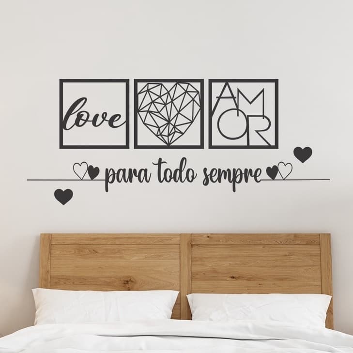 KIT 3 Quadros Para todo Sempre, Love e Coração Geométrico Amor + 2 Mini Apliques de Coração Frase
