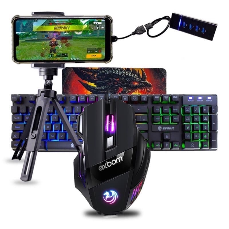 Kit Mobilador Completo Gamer Barato P/ Jogar Free Fire Teclado e Mouse Led Rgb Com Fio Usb P/ Celular Menor Preco