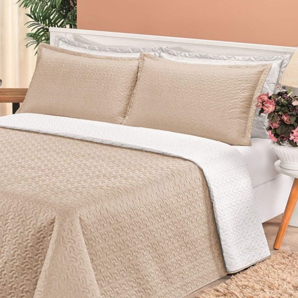 Kit Colcha Cobre Leito Com 2 Fronhas Casal Queen Dupla Face Estampada Matelado  2,40m x 2,60m