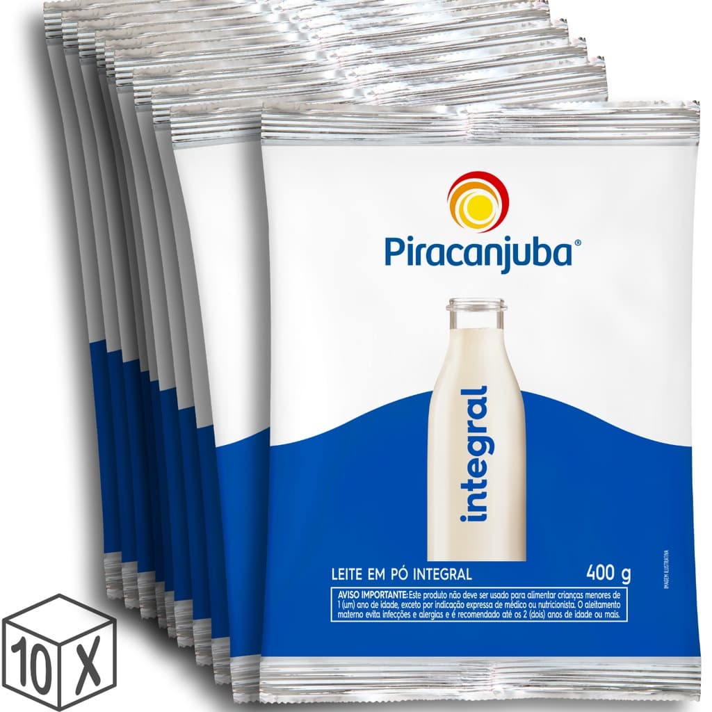 Pack 10 unidades Leite em Pó Integral Piracanjuba 400g - Kit com 10x400g