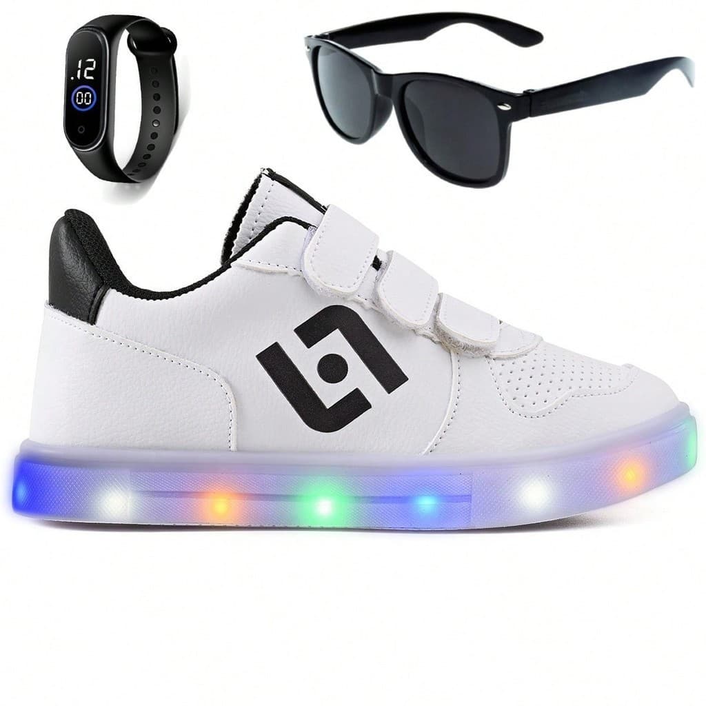 Tenis Infantil De Led Casual Escolar Sapatenis Meninos Street Calce Facil + Oculos Relogio
