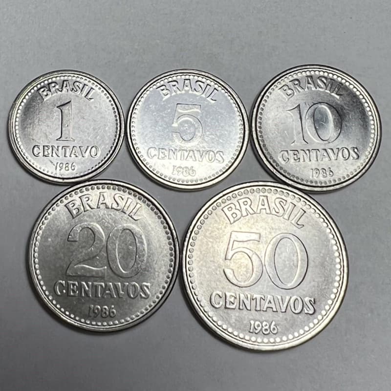 Lote 5 Moedas 1 5 10 20 e 50 Centavos 1986 Brasao Coleção Aço