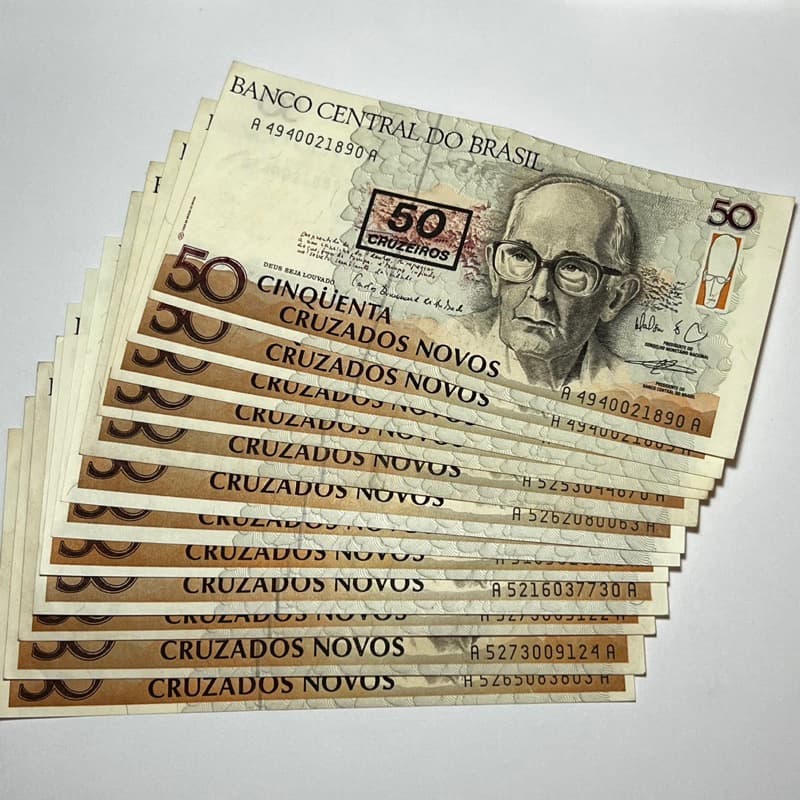 C210 Cedula do Brasil 50 Cruzados Novos Com Carimbo 50 Cruzeiros Carlos Drummond de Andrade C 210
