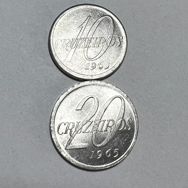 Lote 2 Moedas 10 e 20 Cruzeiros 1965 Alumínio Mapa do Brasil