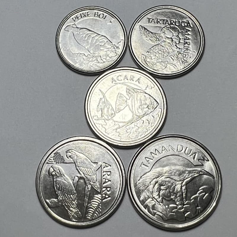 Lote 5 Moedas Série Fauna 1993 Peixe boi tartaruga marinha Acará arara tamandua