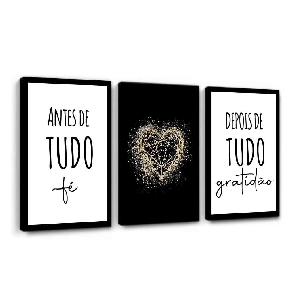 Kit Quadros Decorativos Mosaico 3 Peças Trio Frase Antes de Tudo Fé Gratidão Coração Geometrico Delicado Dourado
