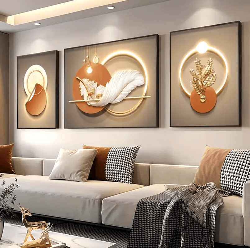 Quadros decorativos Grande180x60cm Conjunto de Arte de Luxo com 3 Peças - Pena & Geométrica - Sem Moldura