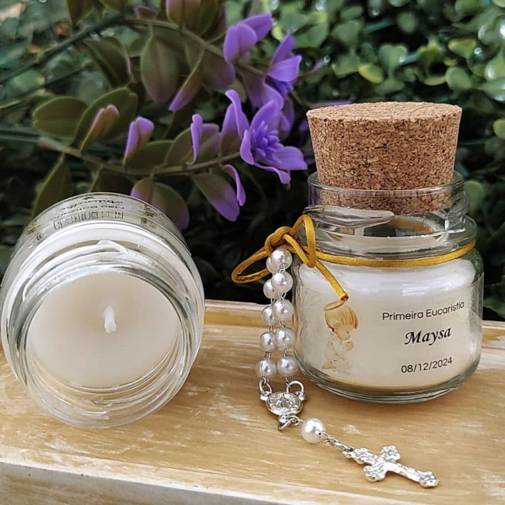 20 Kit de Batizado - Velas Aromáticas em Pote de Vidro com Tampa de Rolha - Mini Terço