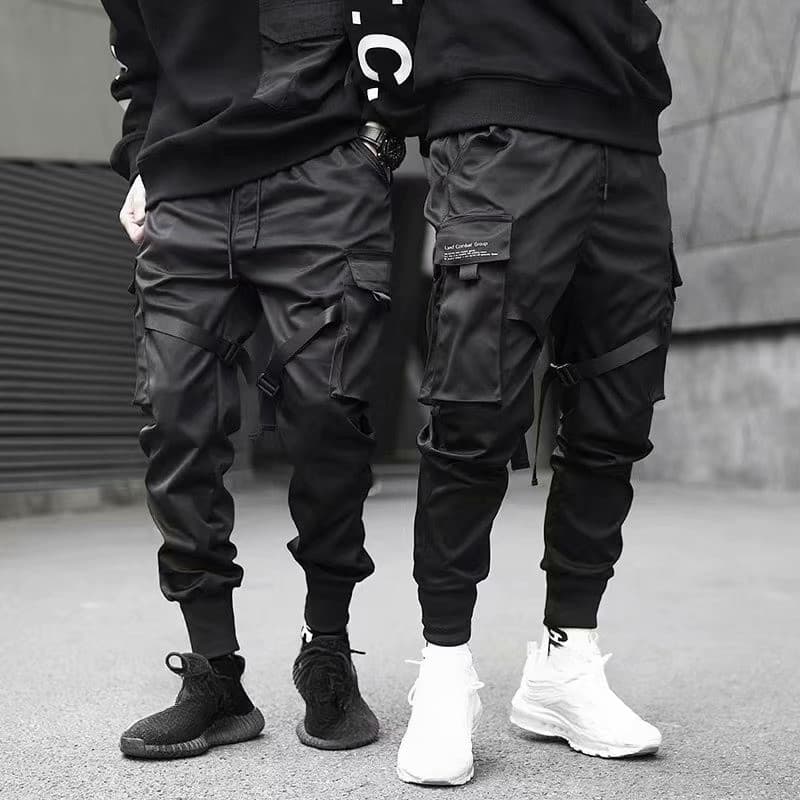 Calça Cargo Masculina Rasgada Hip Hop Fita Preta Roupas De Rua Harem Calças Jogger Sweatpants