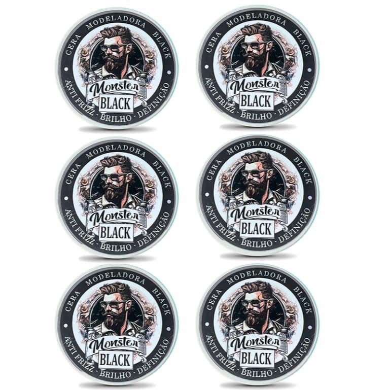 6 cera Modeladora Preta Pigmentada Fixação 120g monster barber escurecedora de barba bigode e cabelo