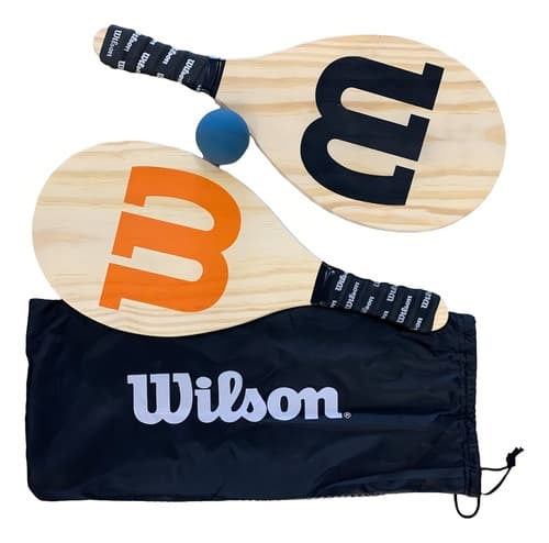 Kit Jogo Frescobol Tênis De Praia 2 Raquetes de Madeira 1 Bola Com Capa Cor Laranja e Preto