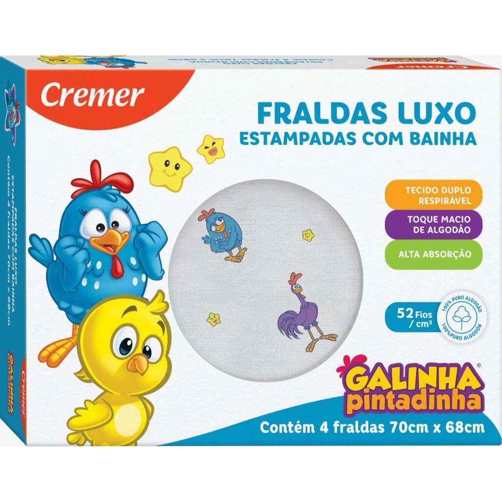 Fralda de Pano Galinha Pintadinha C/ Bainha - Cremer 70x68  (CX 4UN)