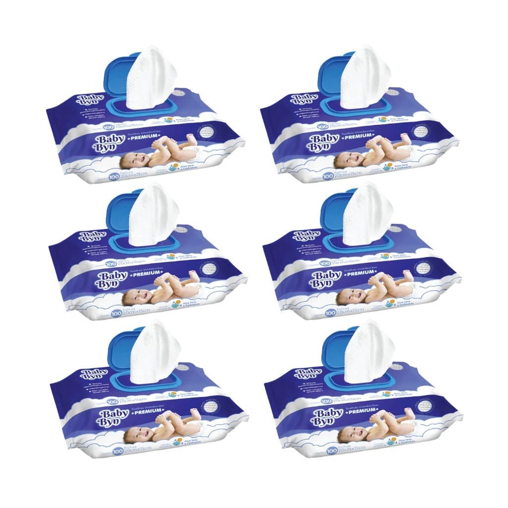 Kit 6 Pacotes Toalha Umedecida Baby Byn 600folhas (100uni Cada Pacote) Premium  Extrato de Camomila/ Erva doce