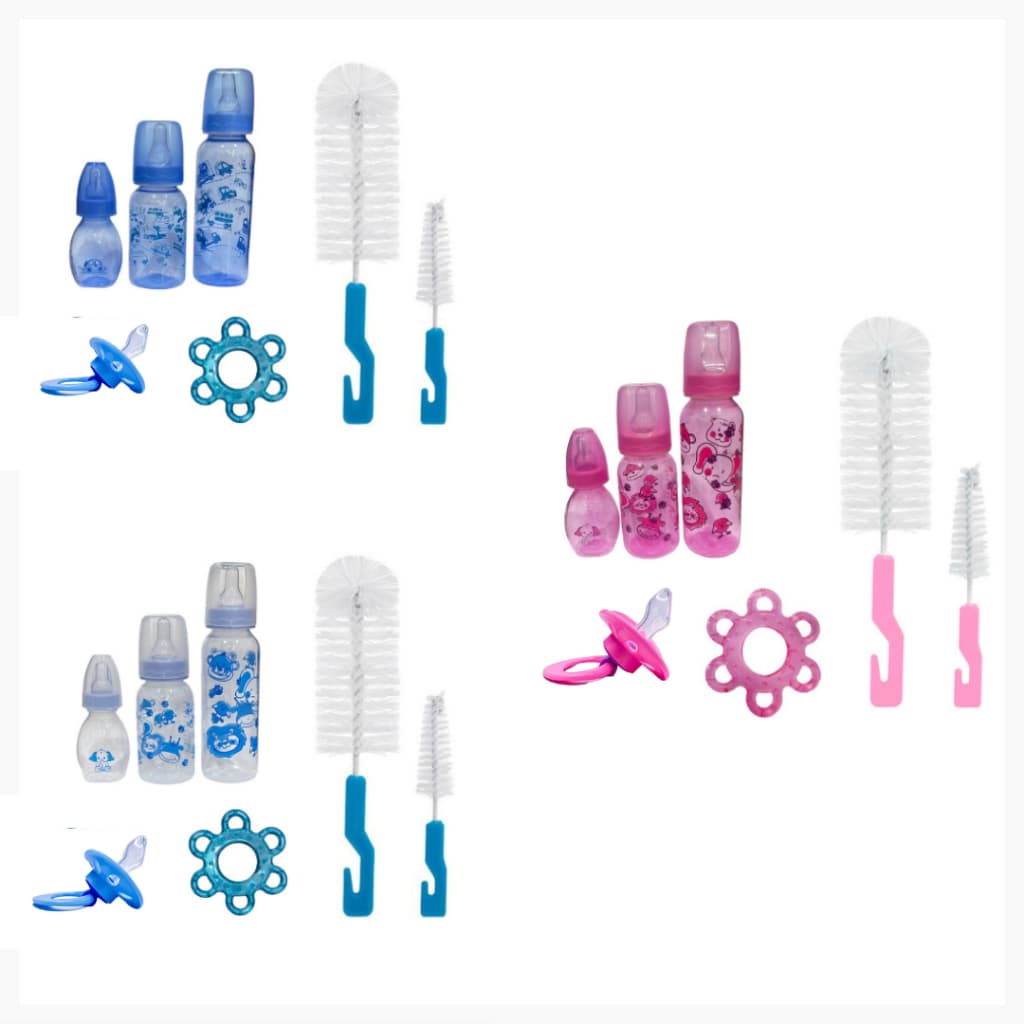 Kit 7 Peças Para Bebê 3 Mamadeiras +Kit Esc Lava Mam + Mordedor + Chupeta bico Orto
