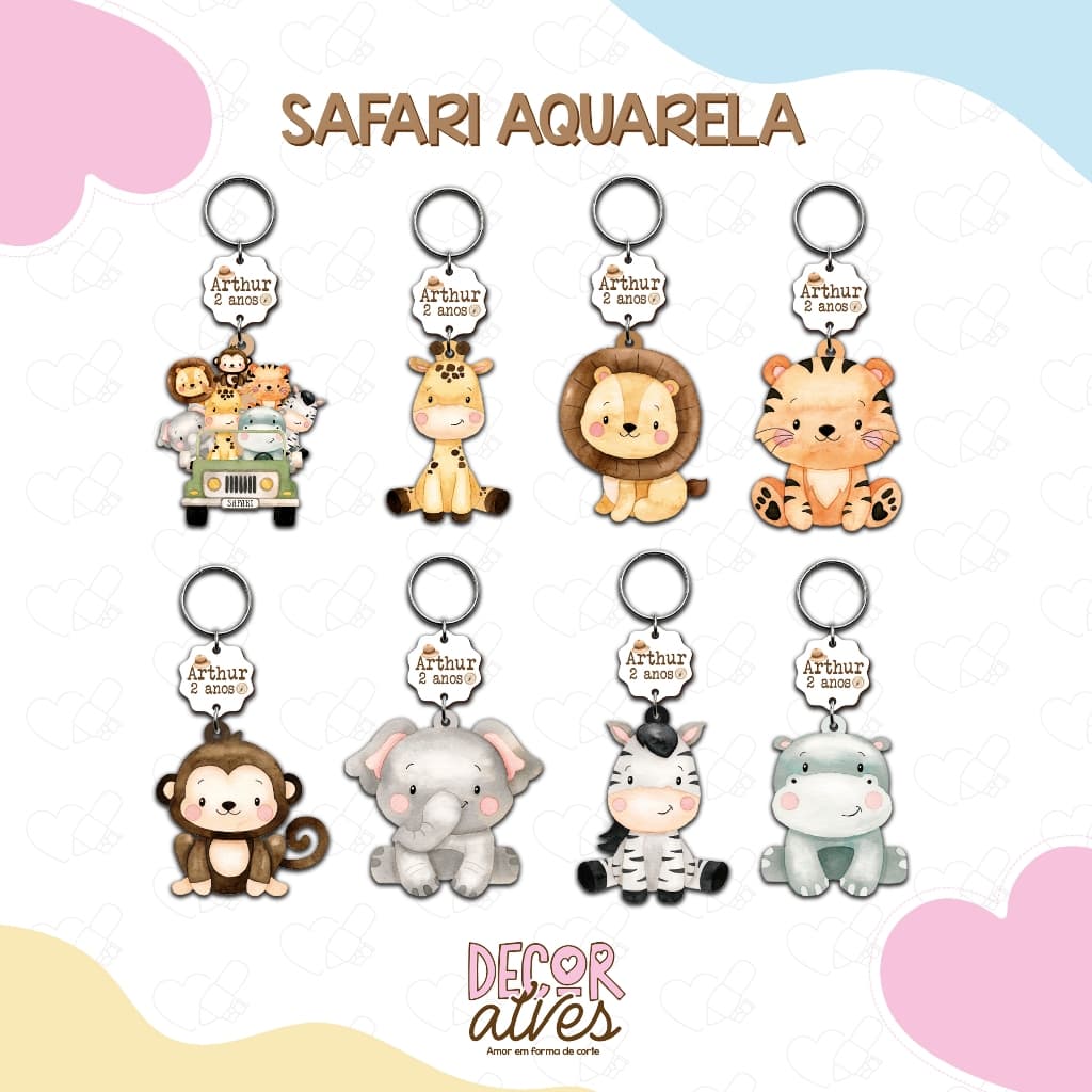 Safari Aquarela - Chaveiro Personalizado MDF brilhoso Lembrancinha infantil