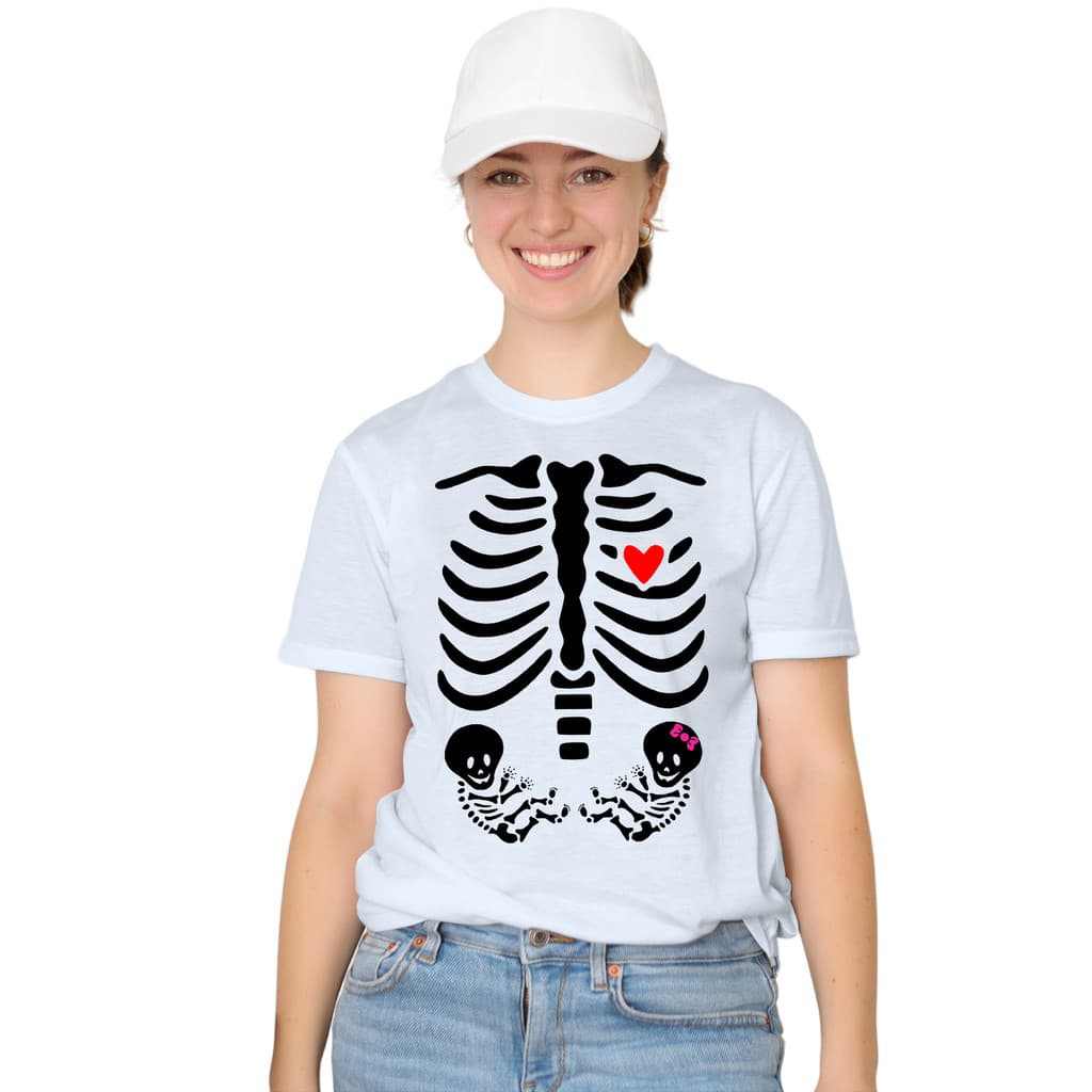 Camiseta Esqueleto Grávida Gêmeos Menino Menina Camisa Personalizada Blusa Adulto