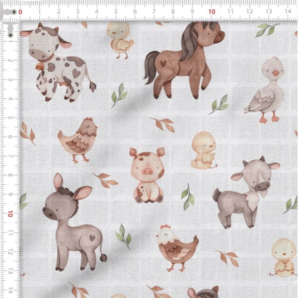 Tecido Fralda Estampada Animais Fazendinha Algodao 60x70 Pano Infantil Enxoval Costura Artesanato