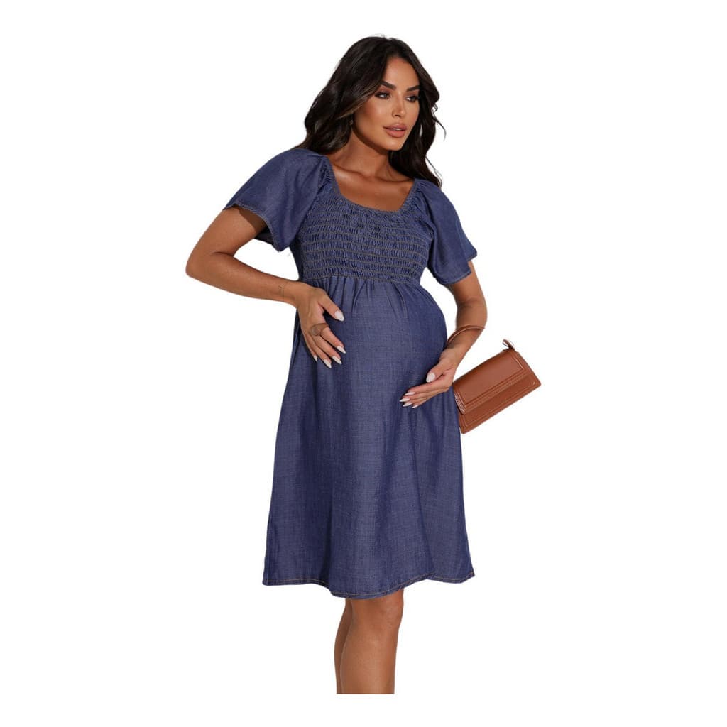Vestido Gestante Curto Jeans Estiloso Lastex No Busto