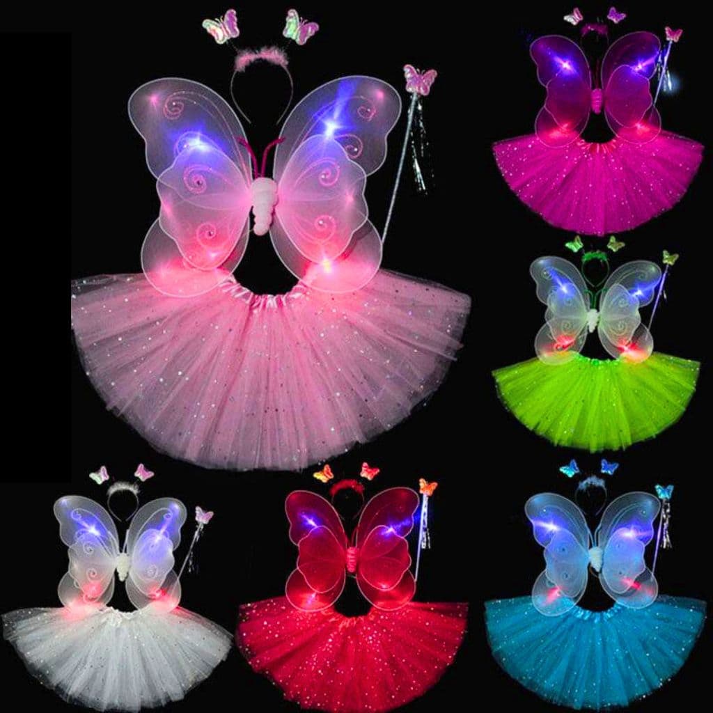 Fantasia Asa Borboleta Fada com LED Pisca Completa Adulto e Infantil Varinha + Tiara Festa Carnaval