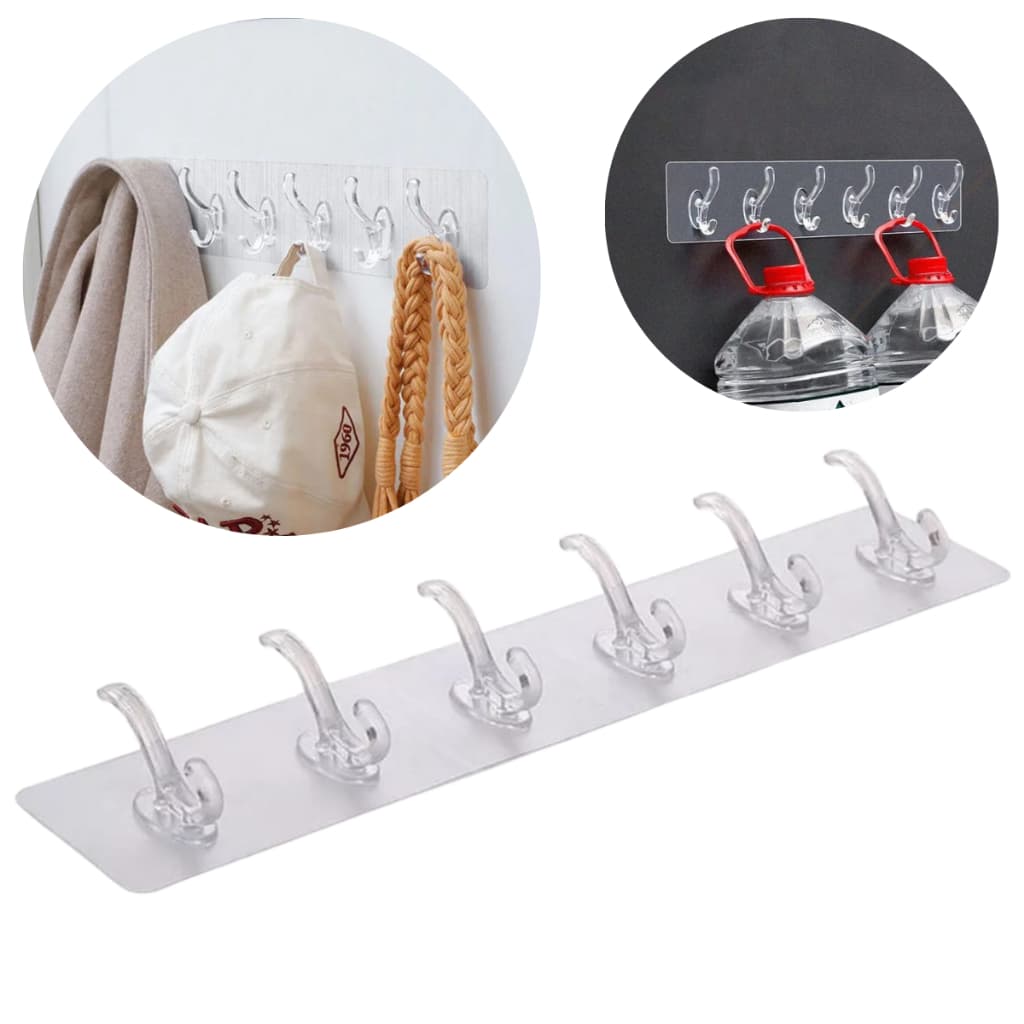 Faixa Gancho De Parede Com 6 Suportes Transparente Adesivo Multiuso