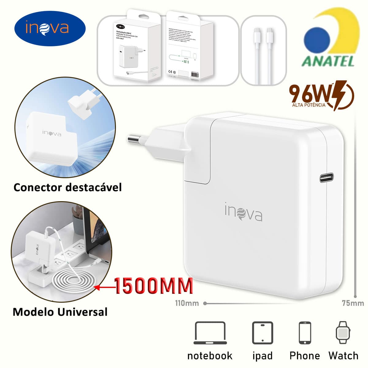 INOVA Carregador De Notebook Universal 96/61W - Conector Destacável Universal para Notebook iPad Phone Cabo 1.5m