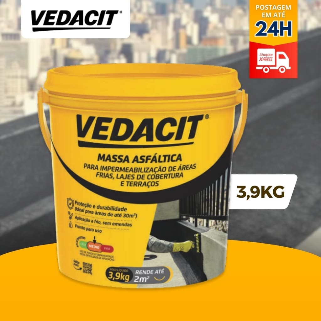 Massa Asfáltica Impermeabilização 3,9Kg Vedacit | cimento, laje, banheiros, calhas pequenos reparos