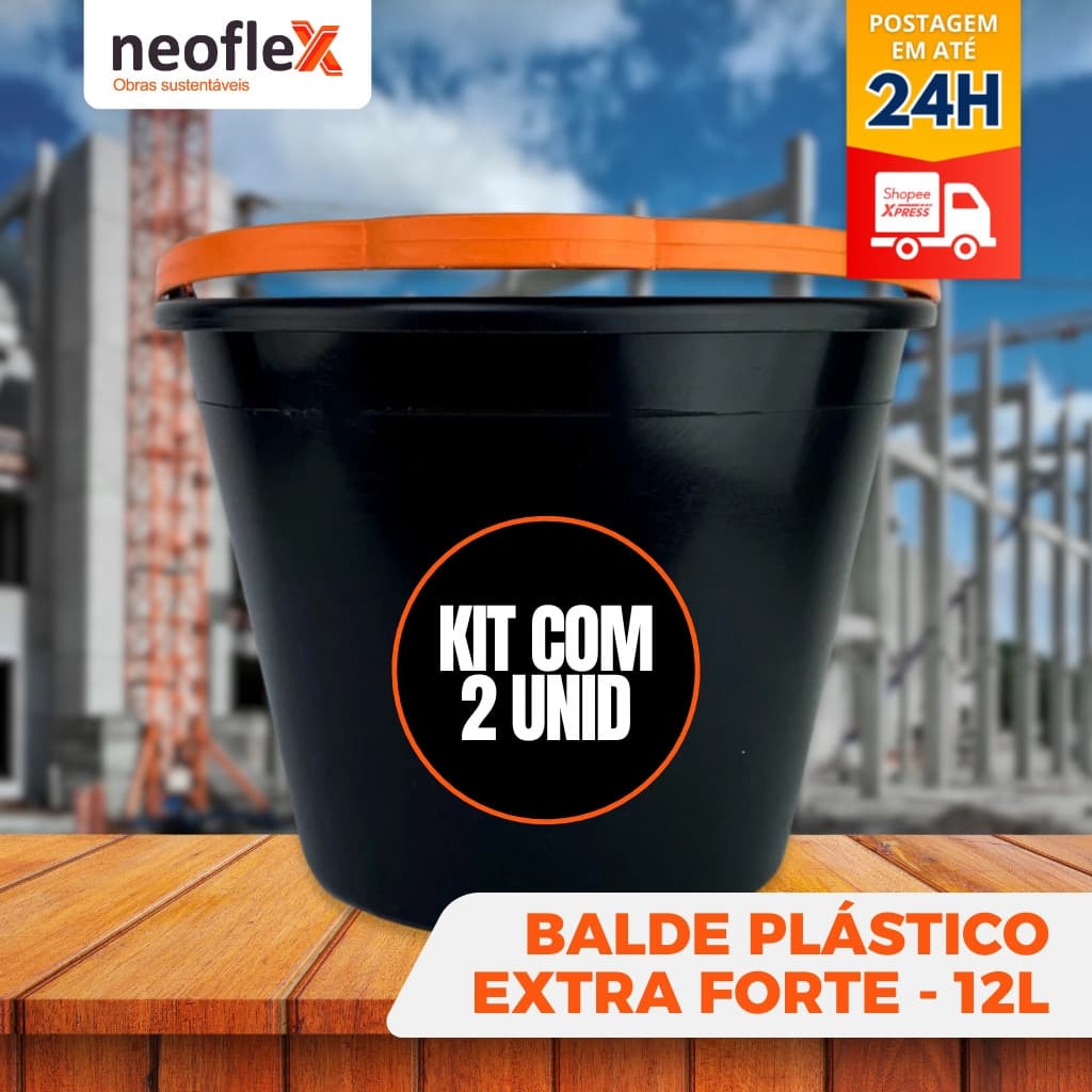 Kit 2 Balde Plástico EXTRA FORTE 12 Litros Alça Resistente e Reforçada obras Limpeza Reforma