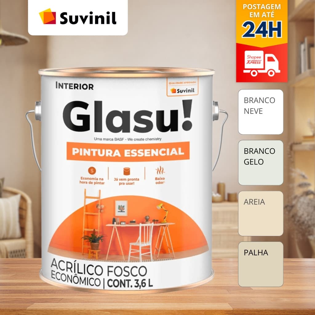 TINTA ACRÍLICA GLASU! PINTURA ESSENCIAL 3,6L BRANCO / GELO / PALHA / AREIA SUVINIL