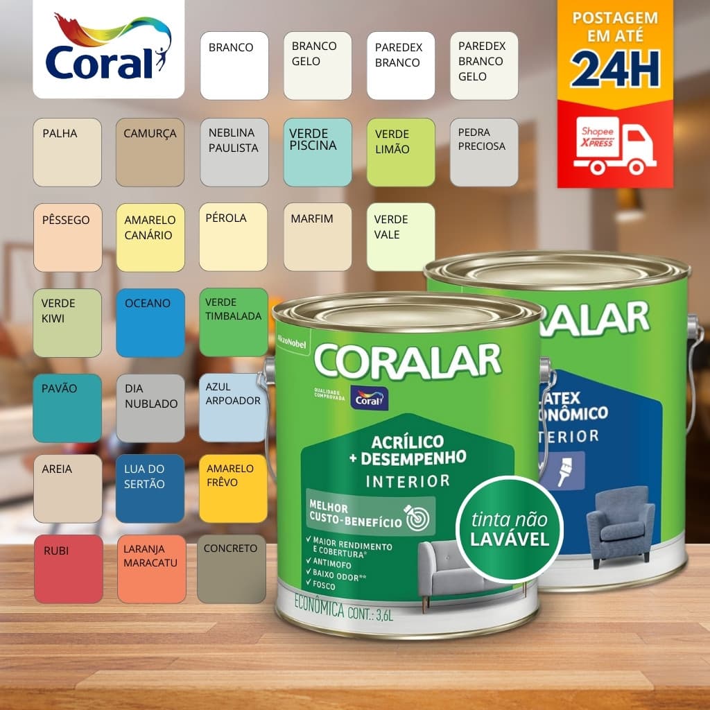 Tinta Coralar Anti Mofo Acrilica Parede e Teto 3,6 Litros Escolha A Cor Fosco Interior Cores  Coral