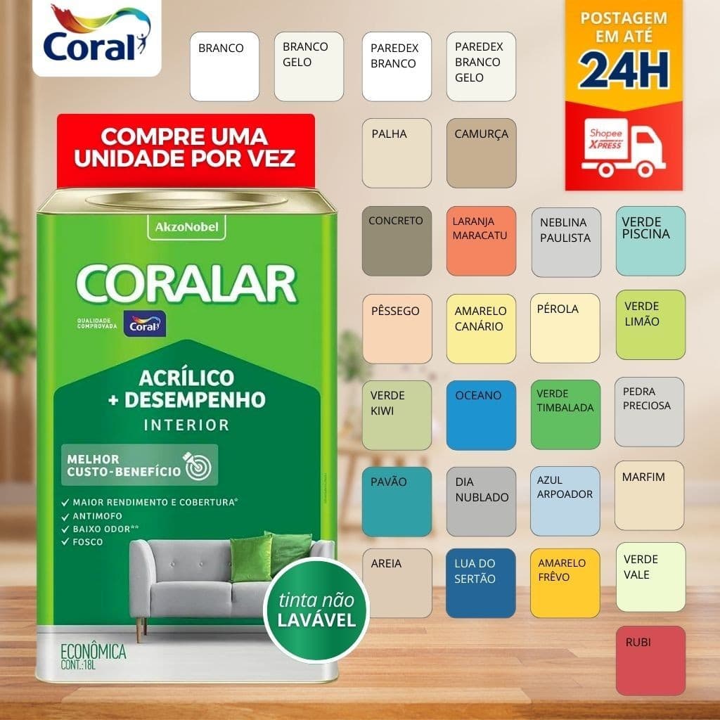 Tinta Econômica Fosca Coralar Paredes Coral 18 Litros Anti Mofo Acrílica Interno Interior Cores