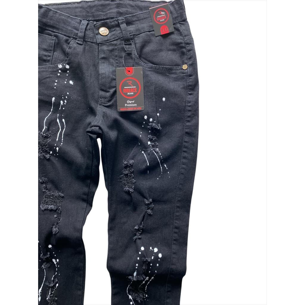 Calça Jeans detalhes exclusivos de respingos de tinta  e Rasgos