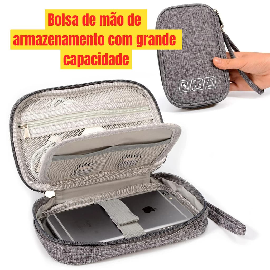 Bolsa de Mão para Power Bank Organiza Carregador Cabo Fone e Dispositivos