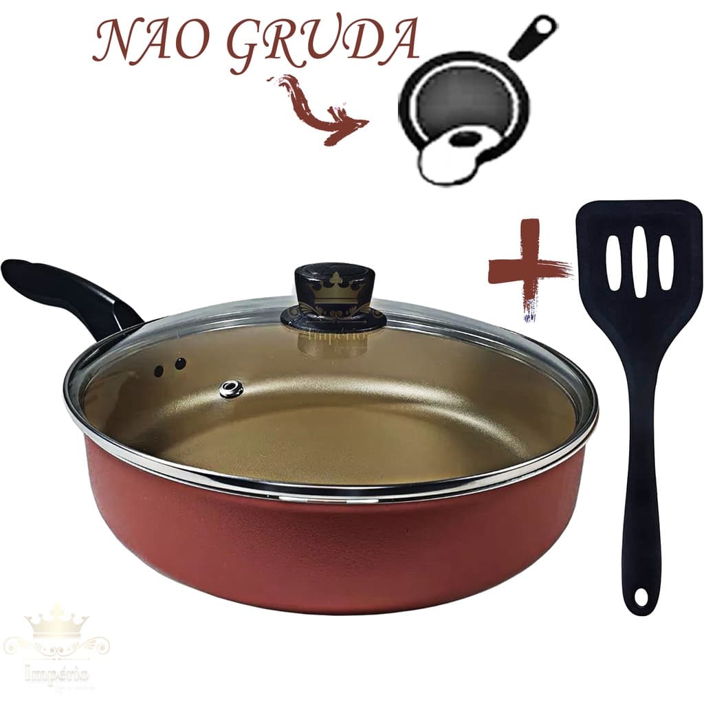 Frigideira Alta Antiaderente Com Tampa De Vidro e Espátula 24Cm Grande Teflon Cor Cereja Bege Dourado Alumínio Grosso